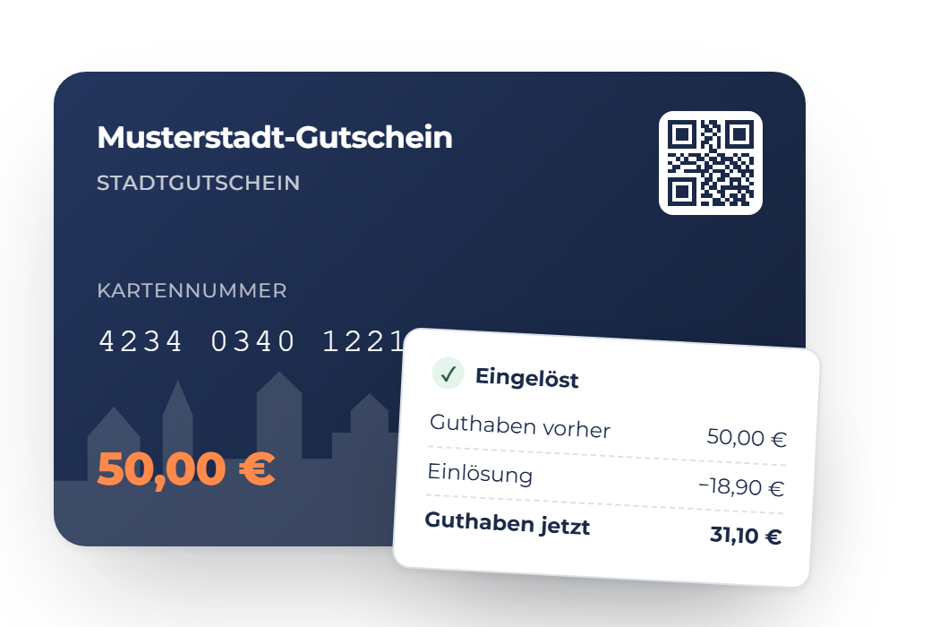 Gutscheinkarte mit Kassenbon: 50 € Guthaben, 18,90 € eingelöst, 31,10 € Rest