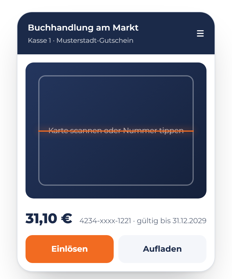 Kassen-App: Karte scannen oder Nummer tippen, dann Einlösen oder Aufladen