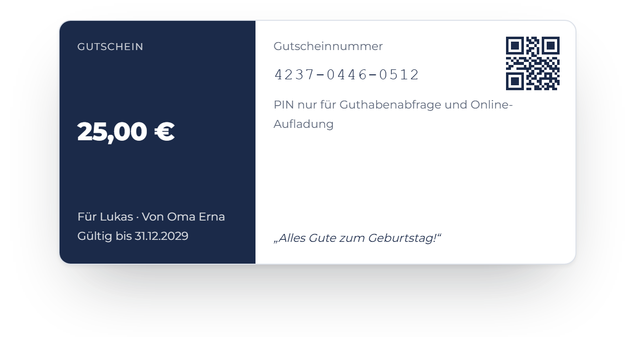 Digitaler Gutschein als PDF im DIN-lang-Format mit Widmung, Nummer und QR-Code